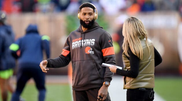 Odell Beckham #13 of the Cleveland Browns talks with a reporter prior to the game against the Seattle Seahawks at FirstEnergy Stadium on October 13, 2019 in Cleveland, Ohio.
