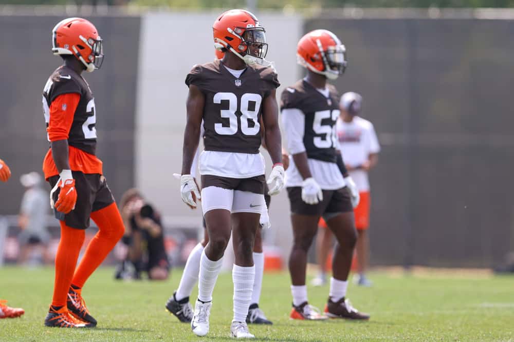 Cleveland Browns cornerback A.J. Green (38) participates in drills during the Cleveland Browns Training Camp on August 7, 2021, at the at the Cleveland Browns Training Facility in Berea, Ohio. 