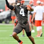 Middle linebacker Anthony Walker #4 of the Cleveland Browns runs a drill during the second day of Cleveland Browns Training Camp on July 29, 2021 in Berea, Ohio.