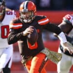 Baker Mayfield #6 of the Cleveland Browns runs the ball in the first half against the Atlanta Falcons at FirstEnergy Stadium on November 11, 2018 in Cleveland, Ohio.