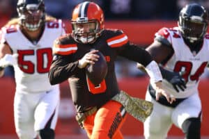 Baker Mayfield #6 of the Cleveland Browns runs the ball in the first half against the Atlanta Falcons at FirstEnergy Stadium on November 11, 2018 in Cleveland, Ohio.