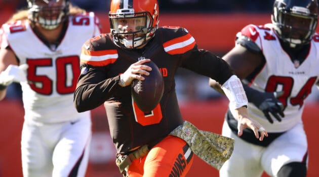 Baker Mayfield #6 of the Cleveland Browns runs the ball in the first half against the Atlanta Falcons at FirstEnergy Stadium on November 11, 2018 in Cleveland, Ohio.