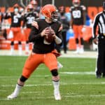Baker Mayfield #6 of the Cleveland Browns looks to pass against the Pittsburgh Steelers in the third quarter at FirstEnergy Stadium on January 03, 2021 in Cleveland, Ohio.