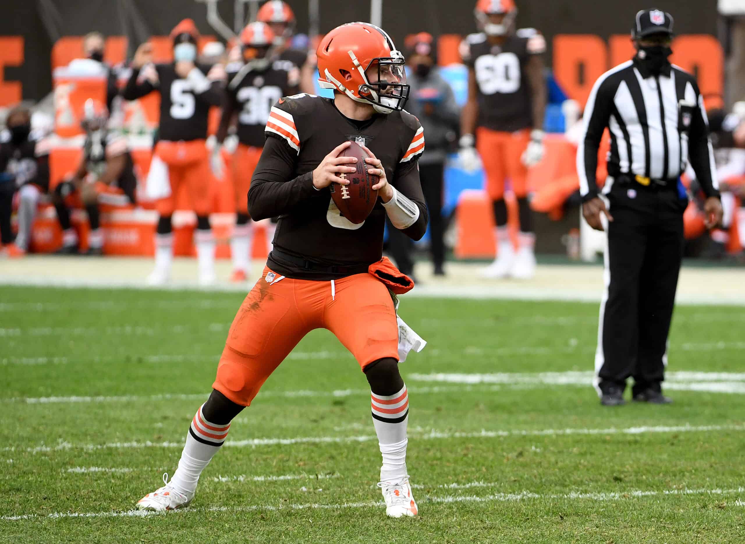 Baker Mayfield #6 of the Cleveland Browns looks to pass against the Pittsburgh Steelers in the third quarter at FirstEnergy Stadium on January 03, 2021 in Cleveland, Ohio.