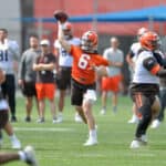 Quarterback Baker Mayfield #6 of the Cleveland Browns passes during Cleveland Browns Training Camp on July 30, 2021 in Berea, Ohio.
