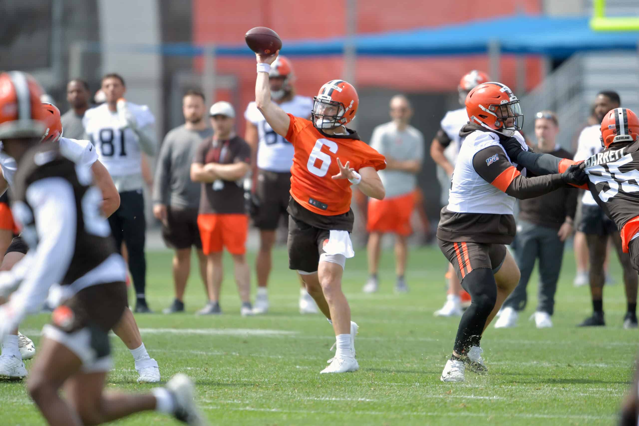 Quarterback Baker Mayfield #6 of the Cleveland Browns passes during Cleveland Browns Training Camp on July 30, 2021 in Berea, Ohio.