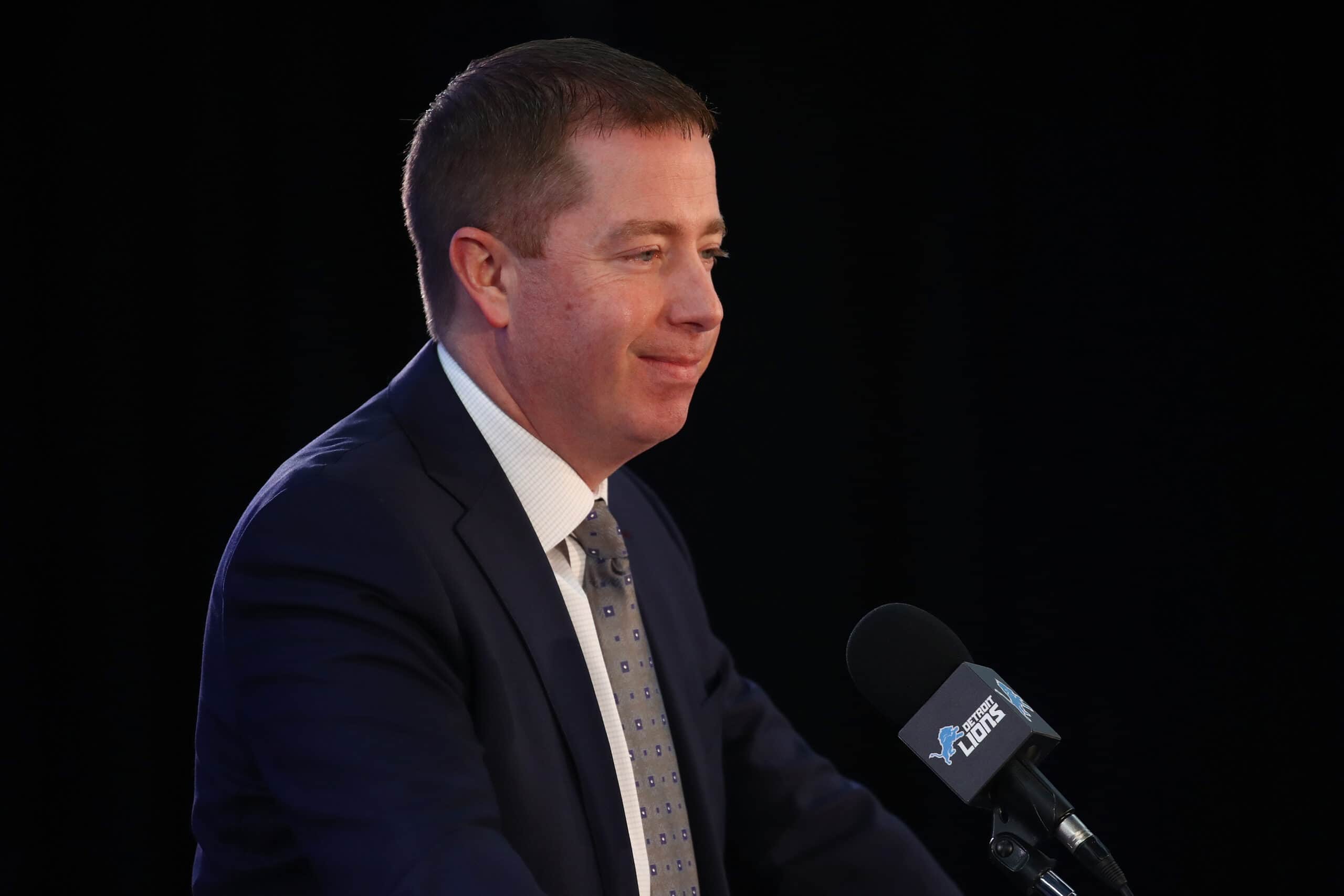 General Manager Bob Quinn of the Detroit Lions speaks at a press conference after introducing Matt Patricia as the Lions new head coach at the Detroit Lions Practice Facility on February 7, 2018 in Allen Park, Michigan. 