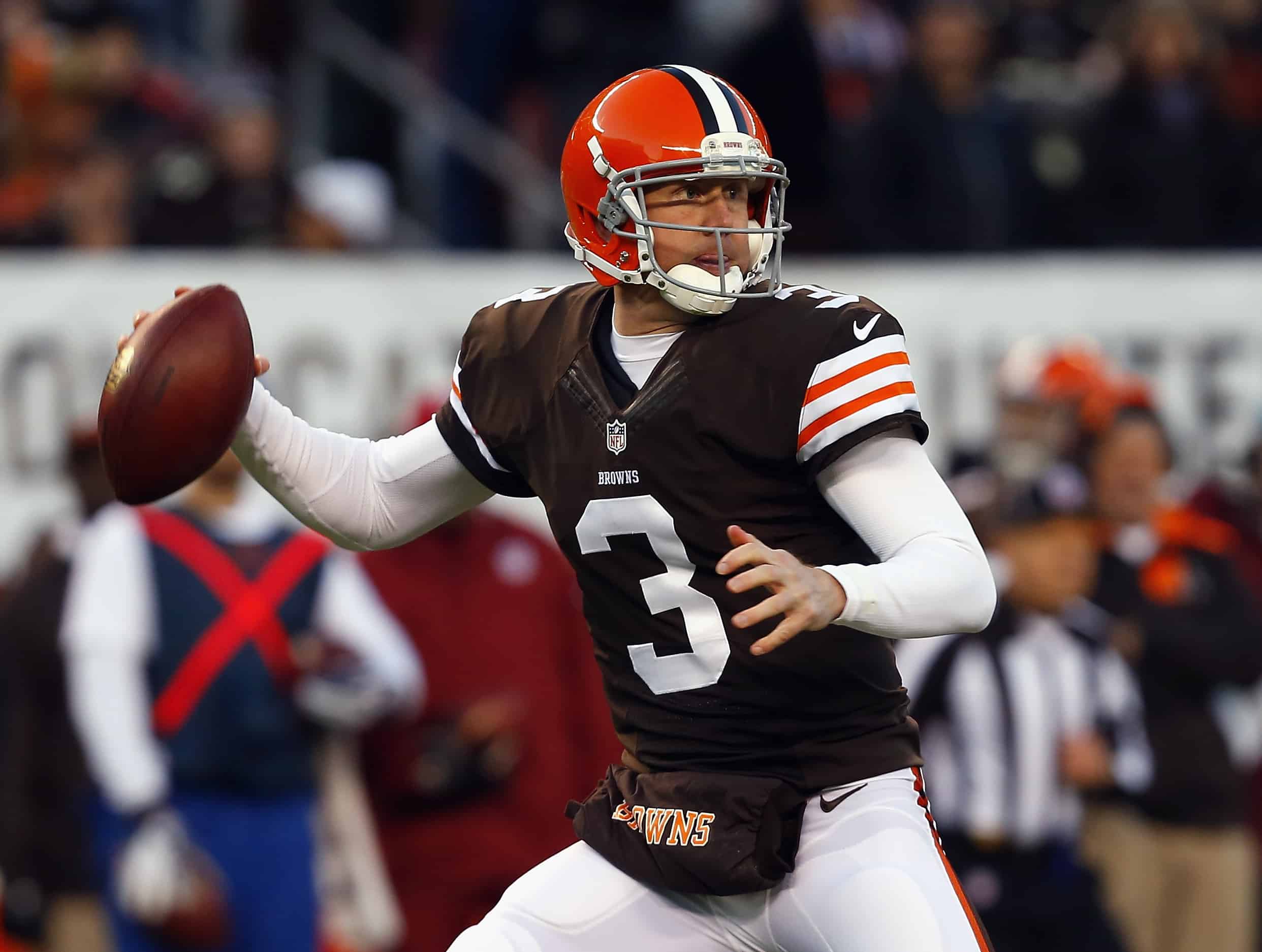 Quarterback Brandon Weeden #3 of the Cleveland Browns looks for a receiver against the Baltimore Ravens at FirstEnergy Stadium on November 3, 2013 in Cleveland, Ohio. 