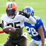 David Njoku #85 of the Cleveland Browns drops a pass during a joint practice with the New York Giants on August 19, 2021 in Berea, Ohio.