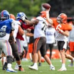Baker Mayfield #6 of the Cleveland Browns throws a pass during a joint practice with the New York Giants on August 19, 2021 in Berea, Ohio.