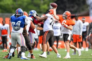 Baker Mayfield #6 of the Cleveland Browns throws a pass during a joint practice with the New York Giants on August 19, 2021 in Berea, Ohio.