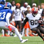 Jarvis Landry #80 of the Cleveland Browns runs a drill during a joint practice with the New York Giants on August 19, 2021 in Berea, Ohio.