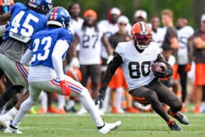 Jarvis Landry #80 of the Cleveland Browns runs a drill during a joint practice with the New York Giants on August 19, 2021 in Berea, Ohio.
