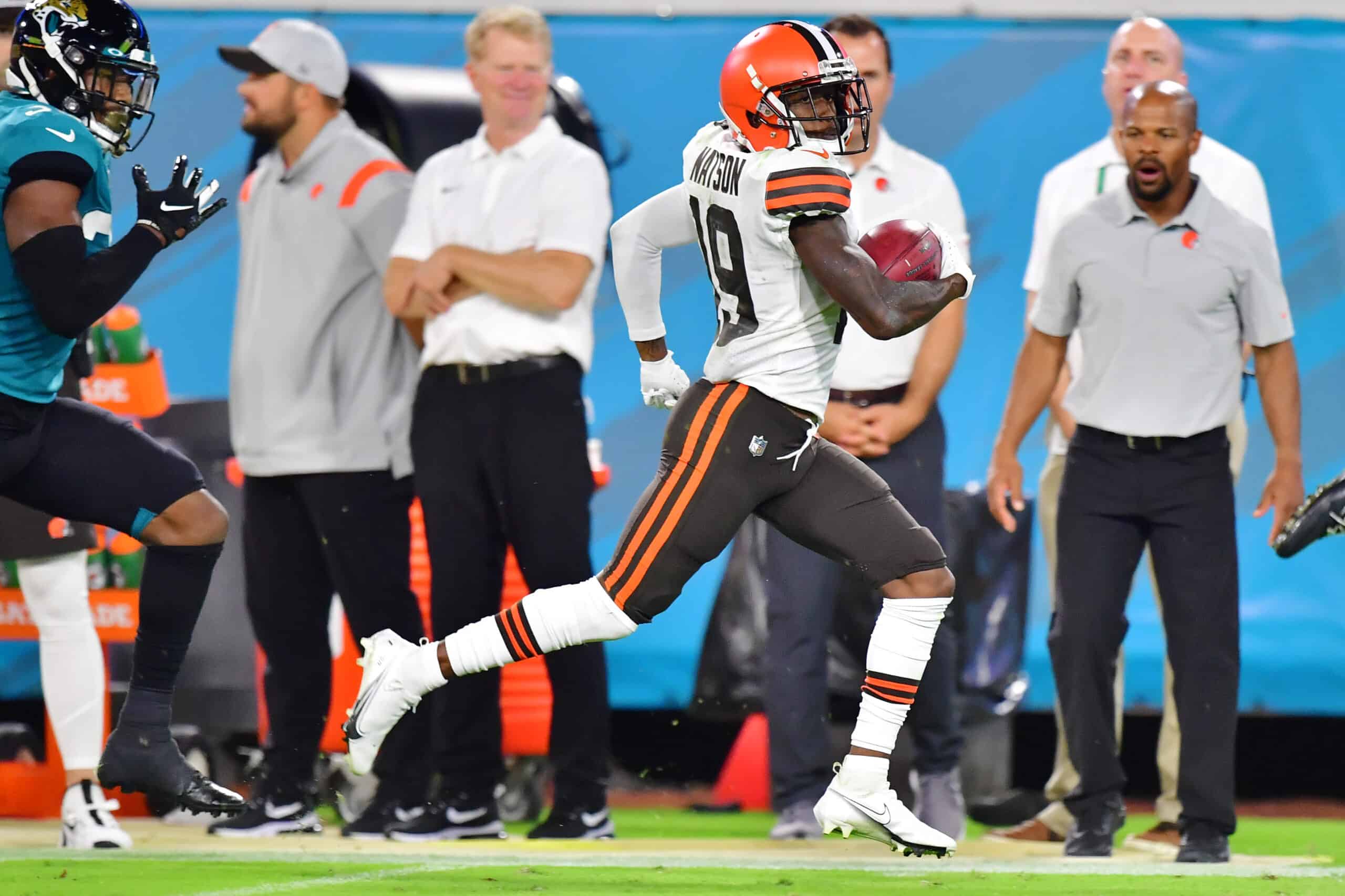 JoJo Natson #19 of the Cleveland Browns runs with the ball in the fourth quarter against the Jacksonville Jaguars during a preseason game at TIAA Bank Field on August 14, 2021 in Jacksonville, Florida.