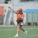 Quarterback Baker Mayfield #6 of the Cleveland Browns runs a drill during the first day of Cleveland Browns Training Camp on July 28, 2021 in Berea, Ohio.
