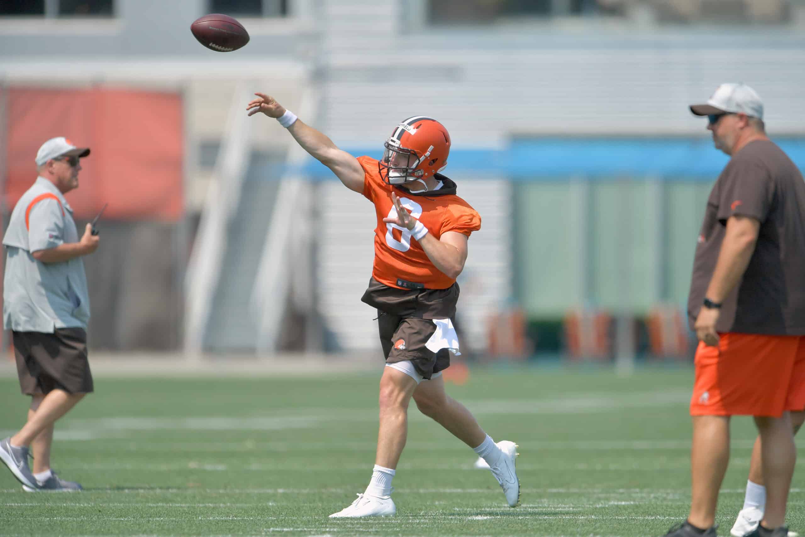 Quarterback Baker Mayfield #6 of the Cleveland Browns runs a drill during the first day of Cleveland Browns Training Camp on July 28, 2021 in Berea, Ohio.