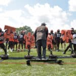 defensive end Myles Garrett #95 of the Cleveland Browns runs a drill during Cleveland Browns Training Camp on July 30, 2021 in Berea, Ohio.
