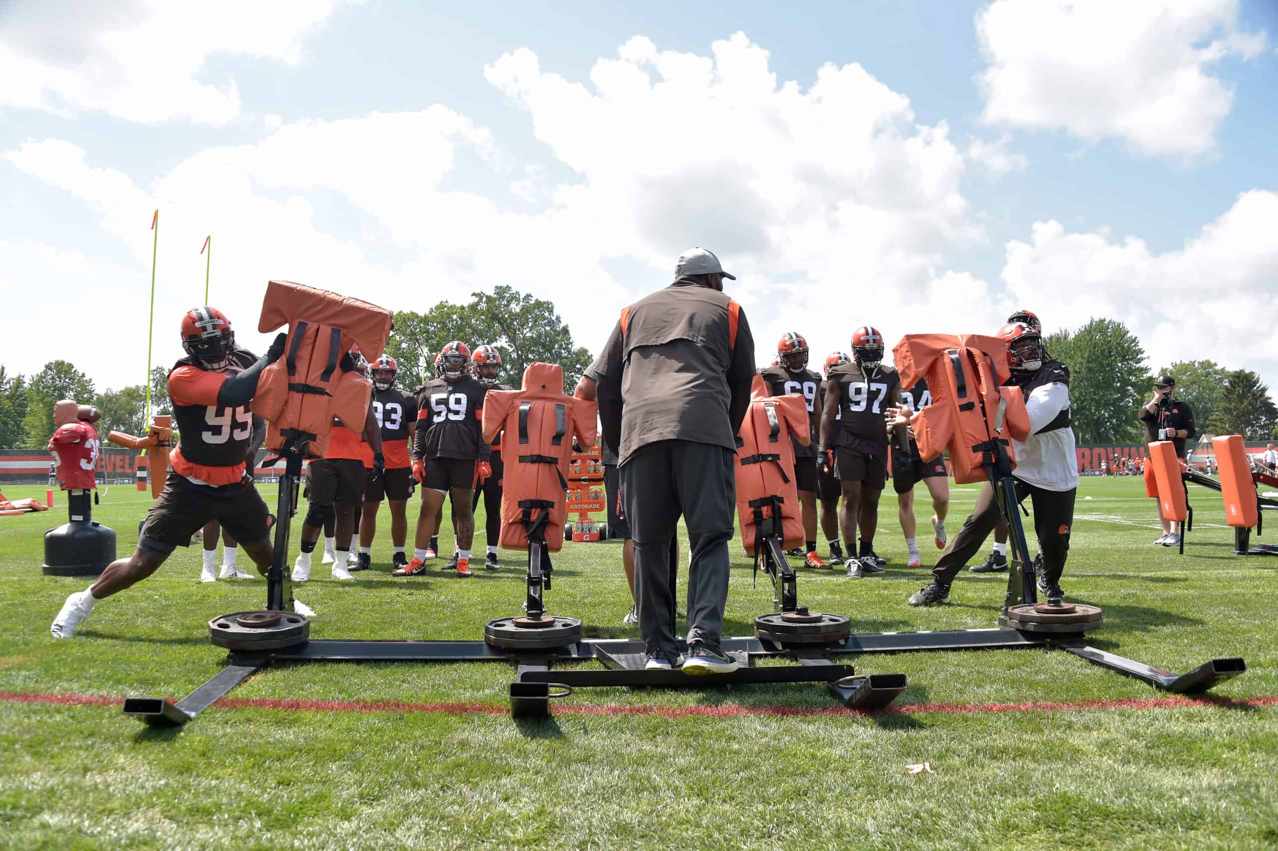 defensive end Myles Garrett #95 of the Cleveland Browns runs a drill during Cleveland Browns Training Camp on July 30, 2021 in Berea, Ohio.