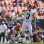 Cleveland Browns punter Jamie Gillan (7) and Cleveland Browns kicker Chase McLaughlin (3) watch as McLaughlin's 49-yard field goal splits the uprights during the fourth quarter of the National Football League preseason game between the New York Giants and Cleveland Browns on August 22, 2021, at FirstEnergy Stadium in Cleveland, OH.