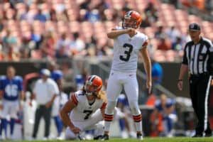 Cleveland Browns punter Jamie Gillan (7) and Cleveland Browns kicker Chase McLaughlin (3) watch as McLaughlin's 49-yard field goal splits the uprights during the fourth quarter of the National Football League preseason game between the New York Giants and Cleveland Browns on August 22, 2021, at FirstEnergy Stadium in Cleveland, OH.