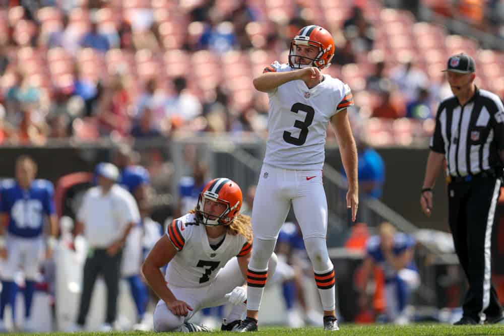 Cleveland Browns punter Jamie Gillan (7) and Cleveland Browns kicker Chase McLaughlin (3) watch as McLaughlin's 49-yard field goal splits the uprights during the fourth quarter of the National Football League preseason game between the New York Giants and Cleveland Browns on August 22, 2021, at FirstEnergy Stadium in Cleveland, OH. 