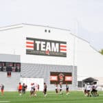 Cleveland Browns players walk off the field after the second day of Cleveland Browns Training Camp on July 29, 2021 in Berea, Ohio.