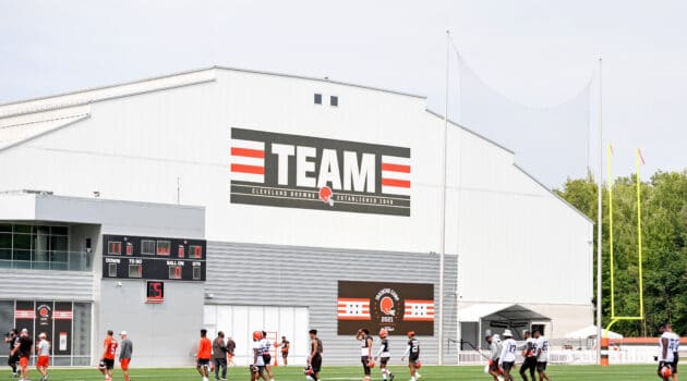 Cleveland Browns players walk off the field after the second day of Cleveland Browns Training Camp on July 29, 2021 in Berea, Ohio.