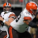 Baker Mayfield #6 of the Cleveland Browns looks to pass against the Atlanta Falcons during the first half at Mercedes-Benz Stadium on August 29, 2021 in Atlanta, Georgia.