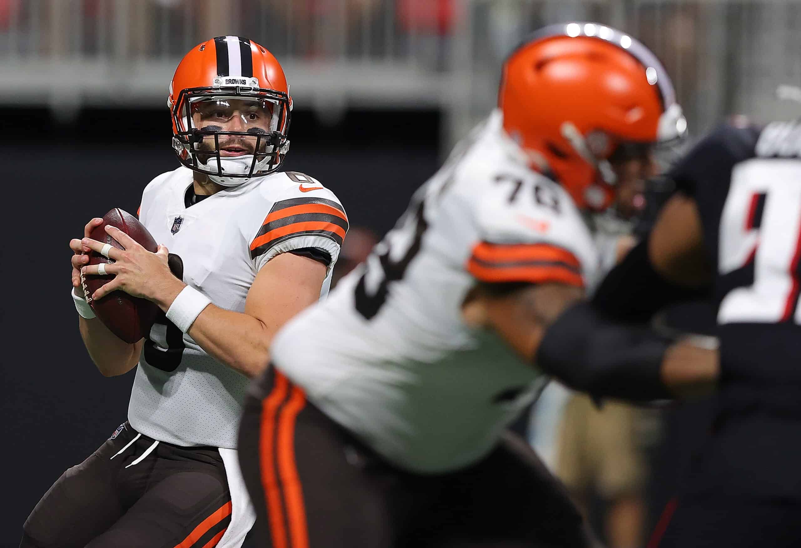 Baker Mayfield #6 of the Cleveland Browns looks to pass against the Atlanta Falcons during the first half at Mercedes-Benz Stadium on August 29, 2021 in Atlanta, Georgia.