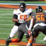 American offensive lineman David Moore of Grambling State (60) during the 2021 Reese's Senior Bowl on January 30, 2021 at Hancock Whitney Stadium in Mobile, Alabama
