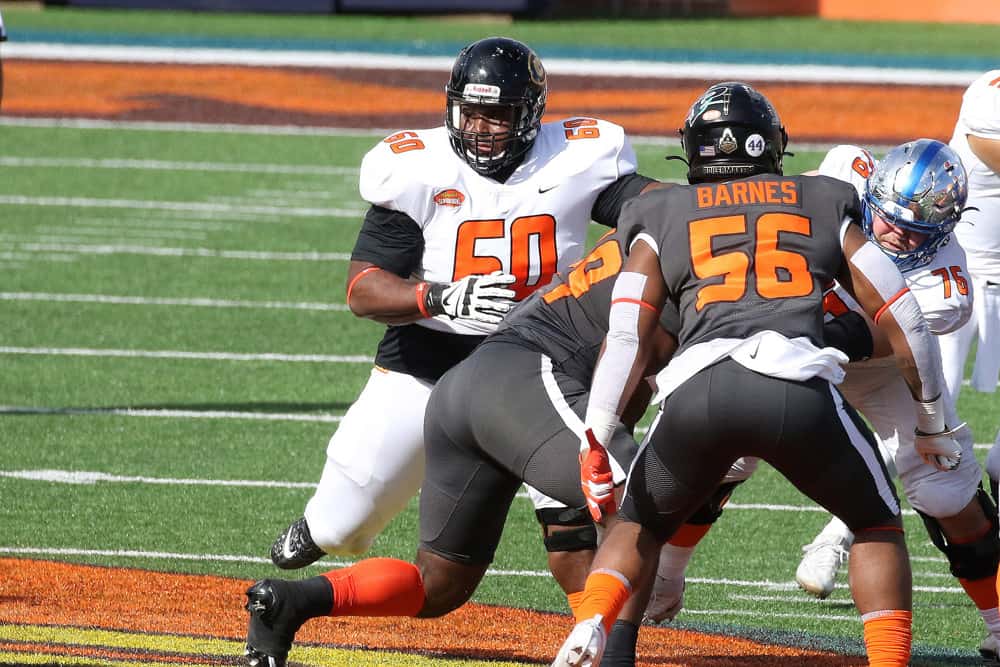 American offensive lineman David Moore of Grambling State (60) during the 2021 Reese's Senior Bowl on January 30, 2021 at Hancock Whitney Stadium in Mobile, Alabama