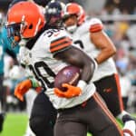 D'Ernest Johnson #30 of the Cleveland Browns runs with the ball in the first quarter against the Jacksonville Jaguars during a preseason game at TIAA Bank Field on August 14, 2021 in Jacksonville, Florida.