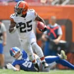 Running back Demetric Felton #25 of the Cleveland Browns returns the opening kick-off during the first quarter against the New York Giants at FirstEnergy Stadium on August 22, 2021 in Cleveland, Ohio.