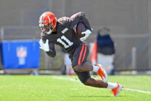 Wide receiver Donovan Peoples-Jones #11 of the Cleveland Browns works out during an NFL training camp at the Browns training facility on August 18, 2020 in Berea, Ohio.