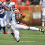 Wide receiver Donovan Peoples-Jones #11 of the Cleveland Browns makes a catch during the second quarter against the New York Giants at FirstEnergy Stadium on August 22, 2021 in Cleveland, Ohio.