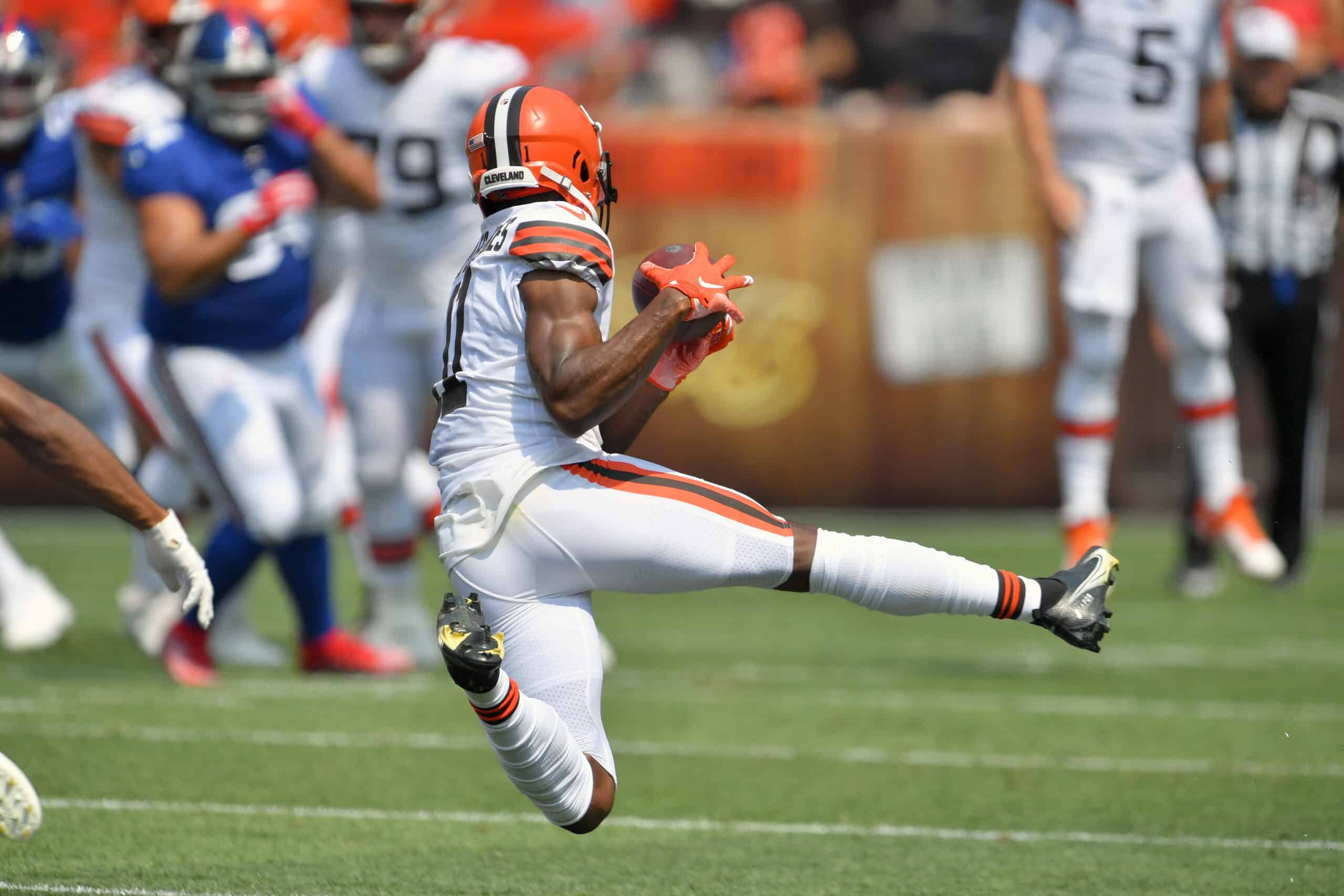 Wide receiver Donovan Peoples-Jones #11 of the Cleveland Browns makes a catch during the second quarter against the New York Giants at FirstEnergy Stadium on August 22, 2021 in Cleveland, Ohio.