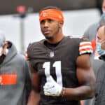 Donovan Peoples-Jones #11 of the Cleveland Browns is tended to by medical staff after sustaining a hard hit against the Pittsburgh Steelers in the second quarter at FirstEnergy Stadium on January 03, 2021 in Cleveland, Ohio.