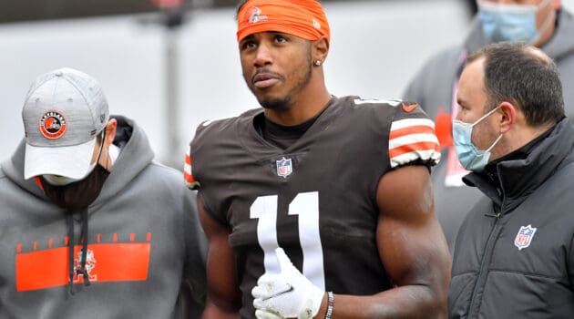 Donovan Peoples-Jones #11 of the Cleveland Browns is tended to by medical staff after sustaining a hard hit against the Pittsburgh Steelers in the second quarter at FirstEnergy Stadium on January 03, 2021 in Cleveland, Ohio.