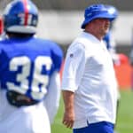 Senior offensive assistant Freddie Kitchens directs a drill during a joint practice with the Cleveland Browns on August 19, 2021 in Berea, Ohio.