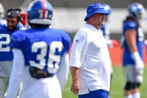 Senior offensive assistant Freddie Kitchens directs a drill during a joint practice with the Cleveland Browns on August 19, 2021 in Berea, Ohio.