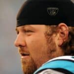 Geoff Schwartz #74 of the Carolina Panthers looks on during the NFL preseason game against the Washington Redskins at Bank of America Stadium on August 23, 2008 in Charlotte, North Carolina.