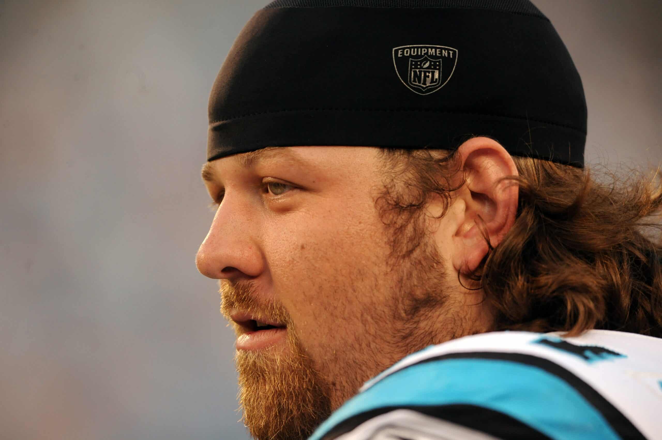 Geoff Schwartz #74 of the Carolina Panthers looks on during the NFL preseason game against the Washington Redskins at Bank of America Stadium on August 23, 2008 in Charlotte, North Carolina.