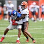 Darius Slayton #86 of the New York Giants catches a pass against Greedy Williams #26 of the Cleveland Browns during a joint practice on August 19, 2021 in Berea, Ohio.