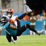 Jacksonville Jaguars Wide Receiver Marvin Jones Jr. (11) makes a catch whole defended by Cleveland Browns Cornerback Greg Newsome II (20) during the preseason game between the Cleveland Browns and the Jacksonville Jaguars on August 14, 2021 at TIAA Bank Field in Jacksonville, Fl.