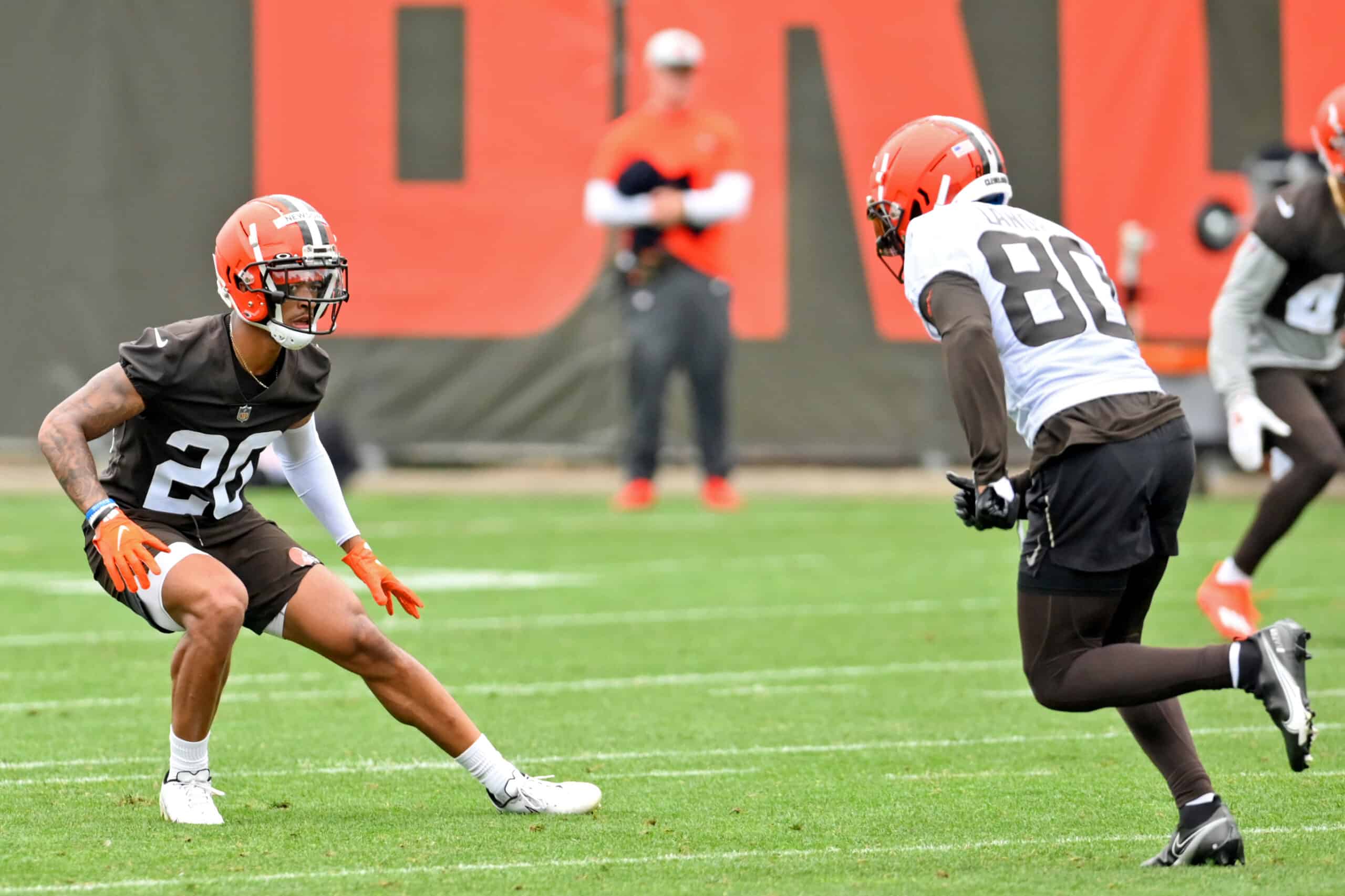 Cornerback Greg Newsome II #20 of the Cleveland Browns covers wide receiver Jarvis Landry #80 during the second day of Cleveland Browns Training Camp on July 29, 2021 in Berea, Ohio. 