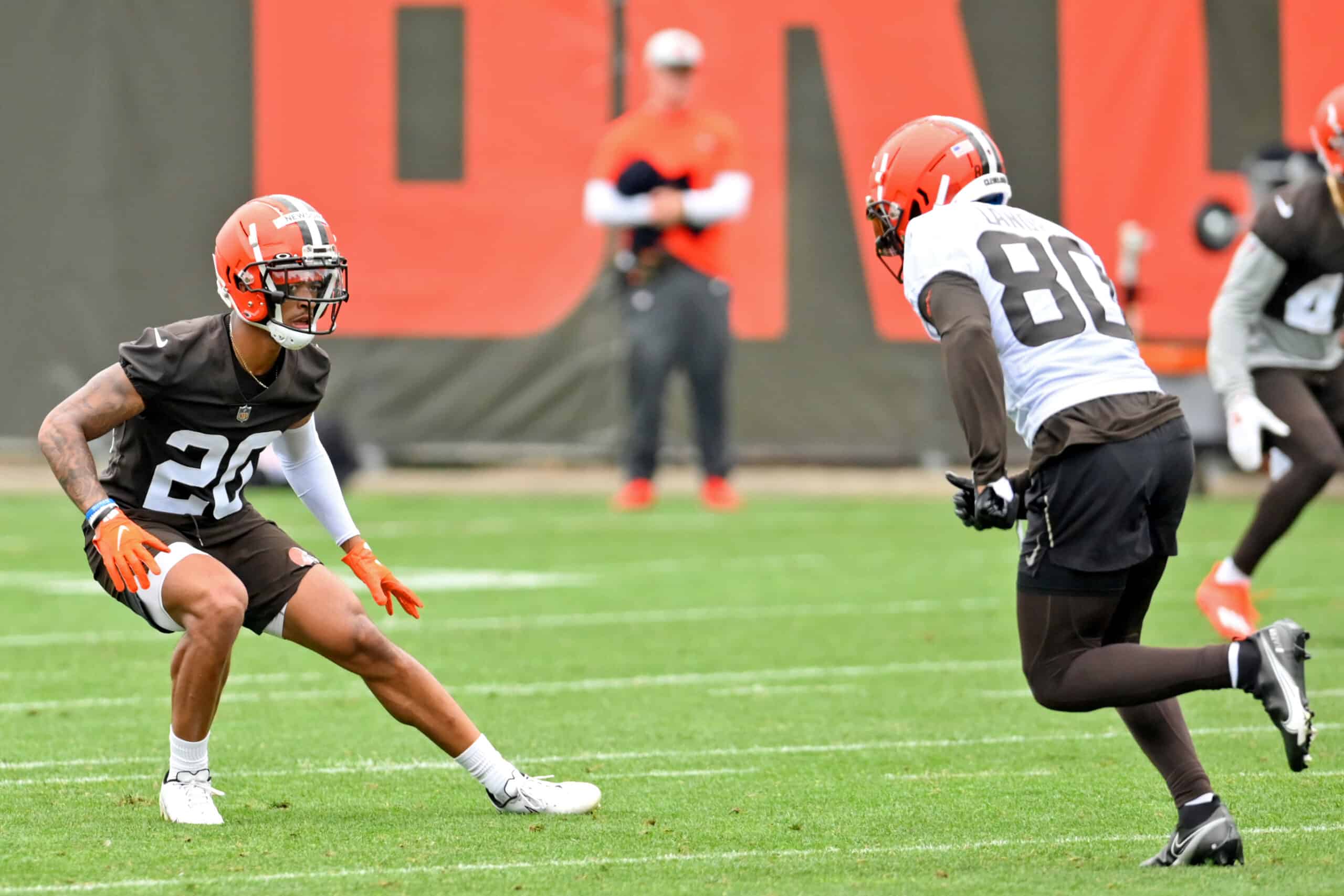 Cornerback Greg Newsome II #20 of the Cleveland Browns covers wide receiver Jarvis Landry #80 during the second day of Cleveland Browns Training Camp on July 29, 2021 in Berea, Ohio.