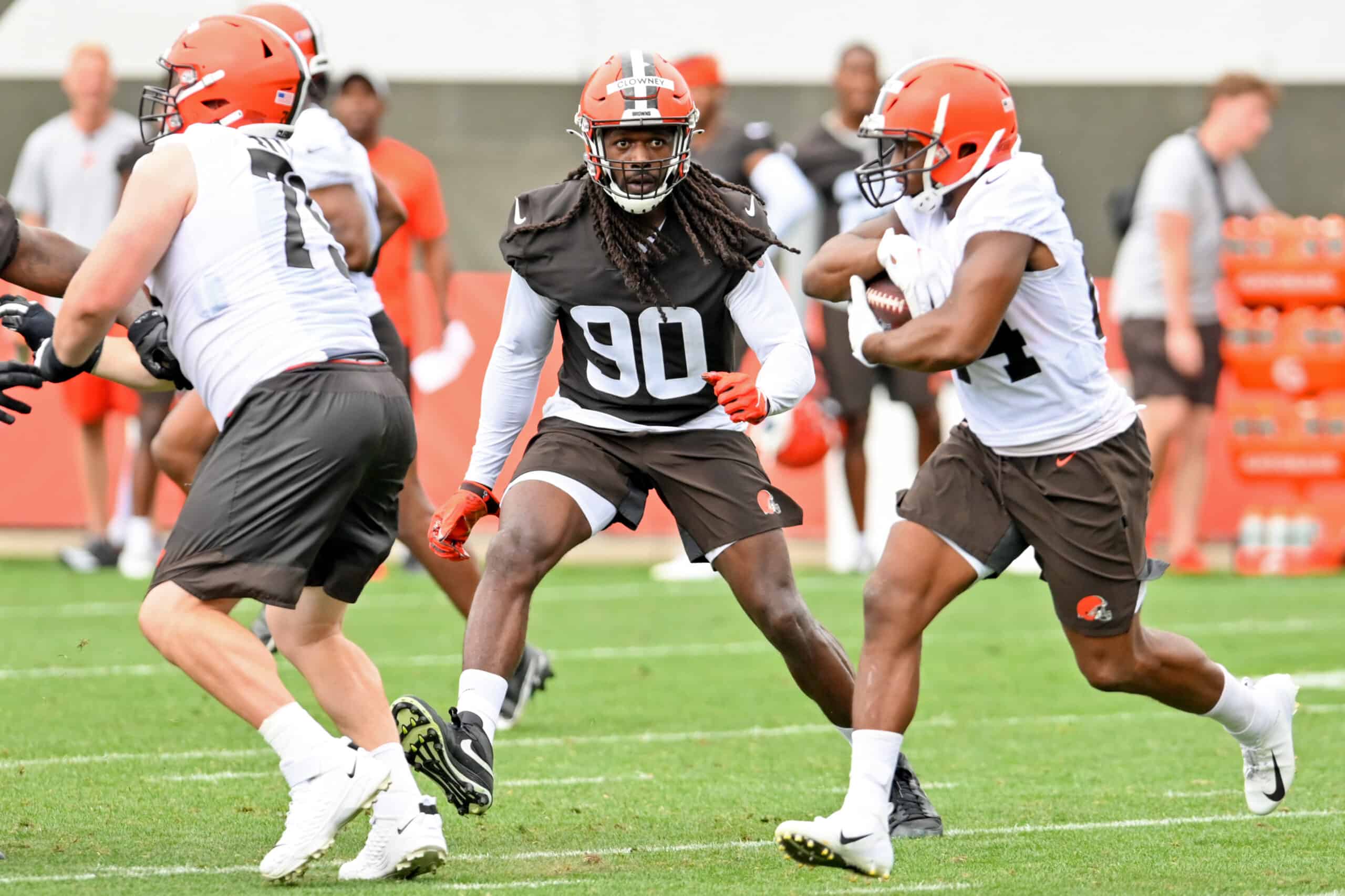 Defensive end Jadeveon Clowney #90 of the Cleveland Browns runs a drill during the second day of Cleveland Browns Training Camp on July 29, 2021 in Berea, Ohio.