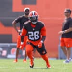 Cleveland Browns linebacker Jeremiah Owusu-Koramoah (28) participates in drills during the Cleveland Browns Training Camp on August 7, 2021, at the at the Cleveland Browns Training Facility in Berea, Ohio.