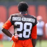 Cleveland Browns linebacker Jeremiah Owusu-Koramoah (28) on the field during the Cleveland Browns Training Camp on August 7, 2021, at the at the Cleveland Browns Training Facility in Berea, Ohio.