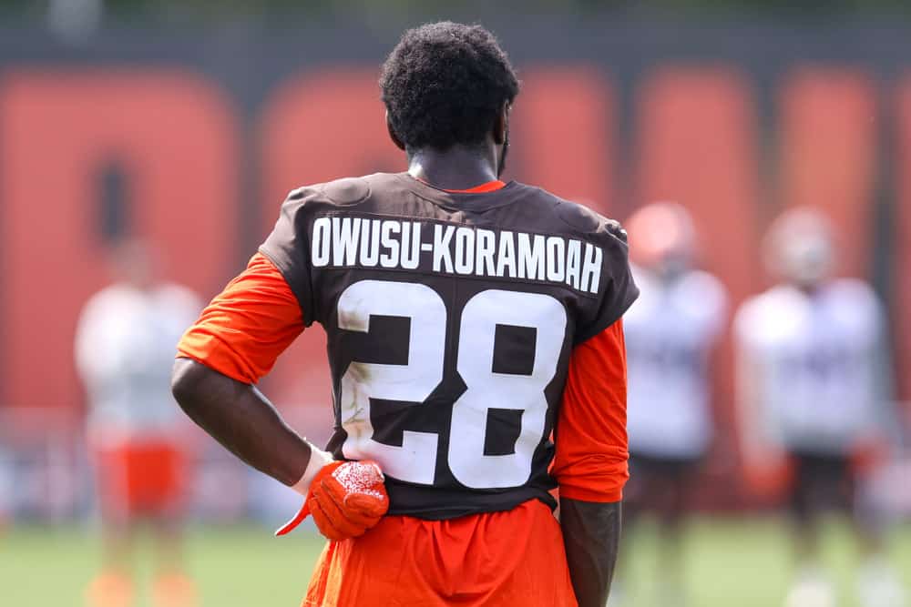 Cleveland Browns linebacker Jeremiah Owusu-Koramoah (28) on the field during the Cleveland Browns Training Camp on August 7, 2021, at the at the Cleveland Browns Training Facility in Berea, Ohio.